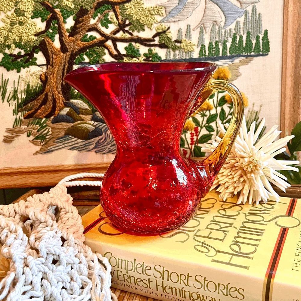 Vintage Rainbow Crackled Glass Wide Mouth Pitch Vase